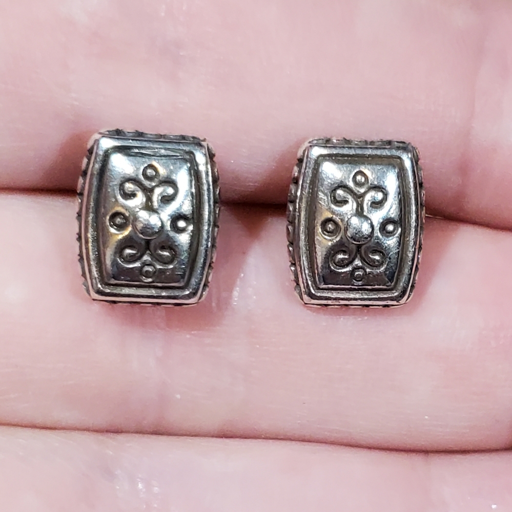 Brighton Ornate Silver Rectangular Scrollwork Stud Earrings Bali Style Oxidized